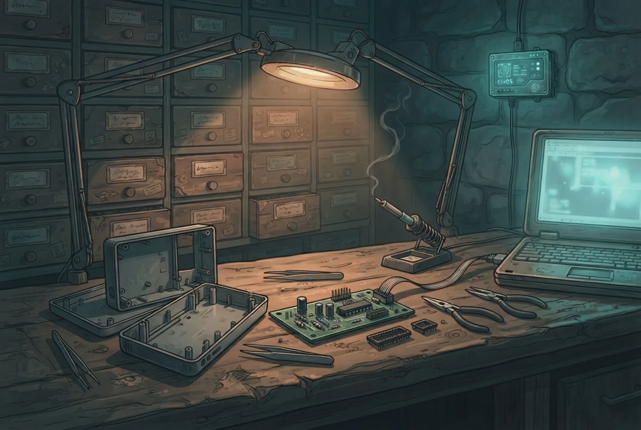 A workbench in a basement: an open case, a circuit board, pliers and a soldering iron under a lamp.