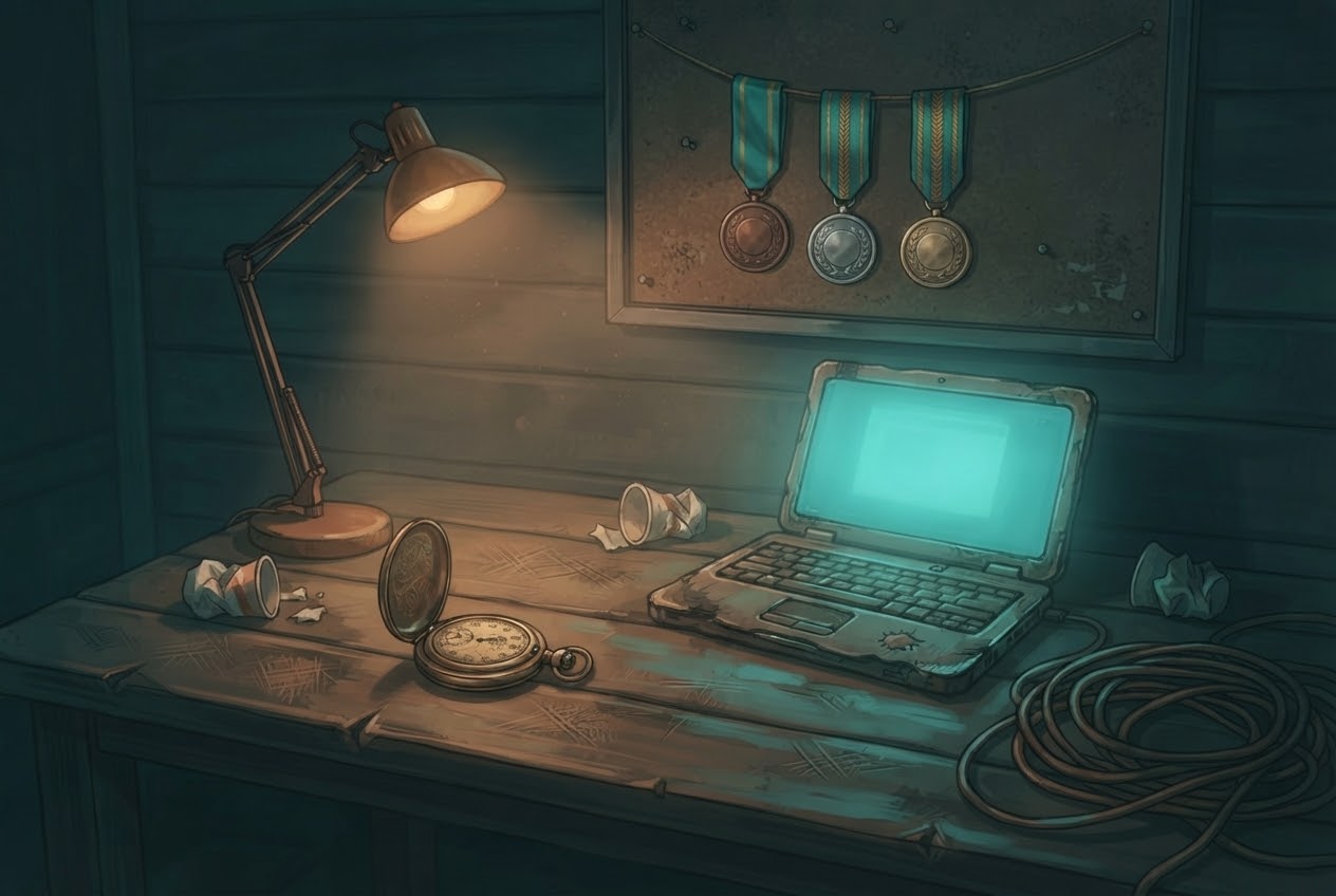A laptop and a pocket stopwatch on a desk, three medals pinned on the wall above.